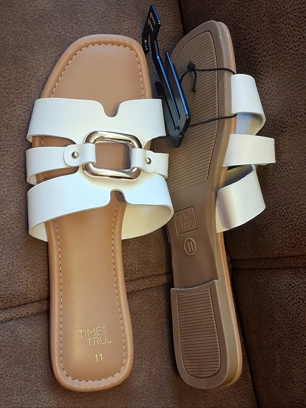 Time and Tru Embellished Slide Sandals with Gold Accent Buckle White Size 11